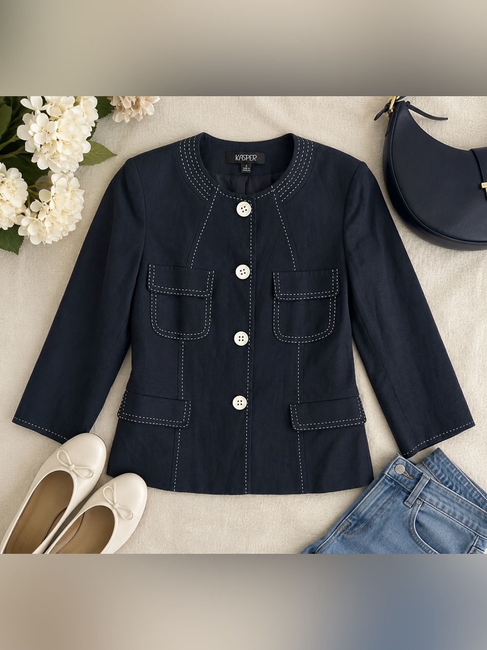 Kasper Women’s Size 8 Black Linen Blend Contrast Stitch Button Blazer Jacket